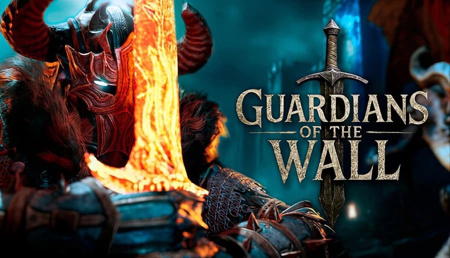 Guardians of the Wall: horned demon warrior grips fiery sword close-up before blurred blue forest backdrop.