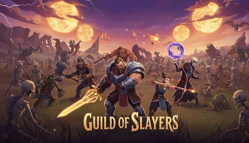 Guild of Slayers: Heroes battle skeletons on grassy field beneath fiery twin moons, joined by goblin, warrior, and robed mage.