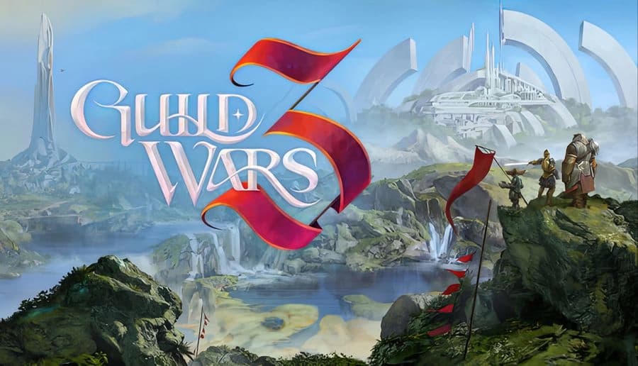 Guild Wars 3™: Three armored adventurers stand on a cliff by red banners, gazing over misty ruins and peaks.