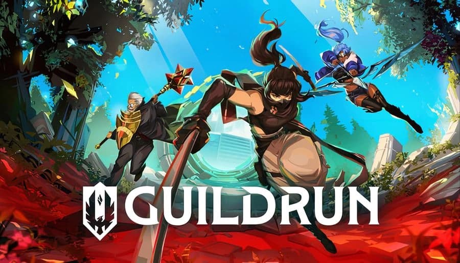 Guildrun: three fantasy heroes charge forward with weapons drawn on a forest path beside shattered red crystals.