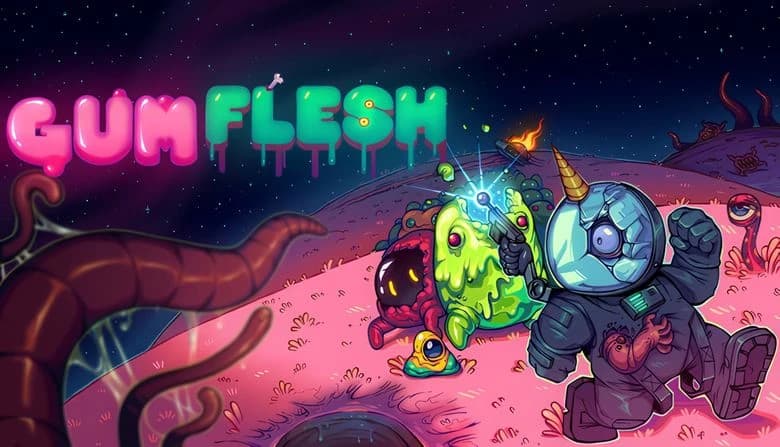 Astronaut with horned helmet and cracked visor fires blue laser at green and red alien creatures on pink alien landscape.
