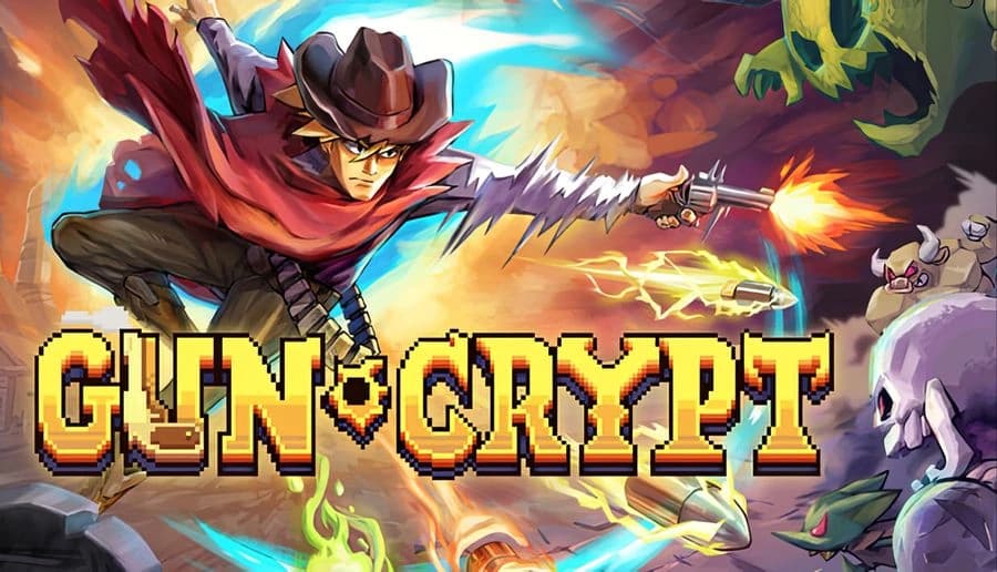 Guncrypt: masked gunslinger in hat fires pistol mid-leap, red cape flowing, against monsters in glowing crypt.