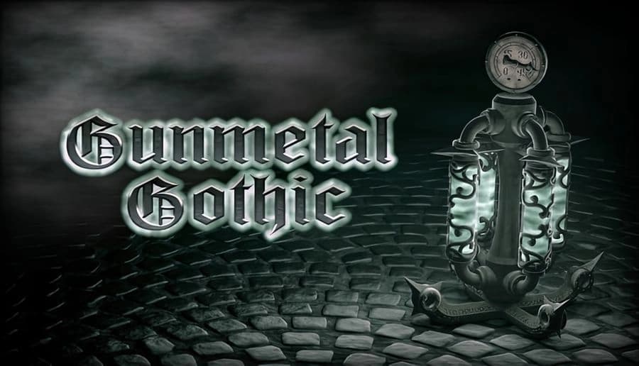 Gunmetal Gothic: Stylized title letters over wet cobblestone street, glowing wrought-iron lantern with clock above.