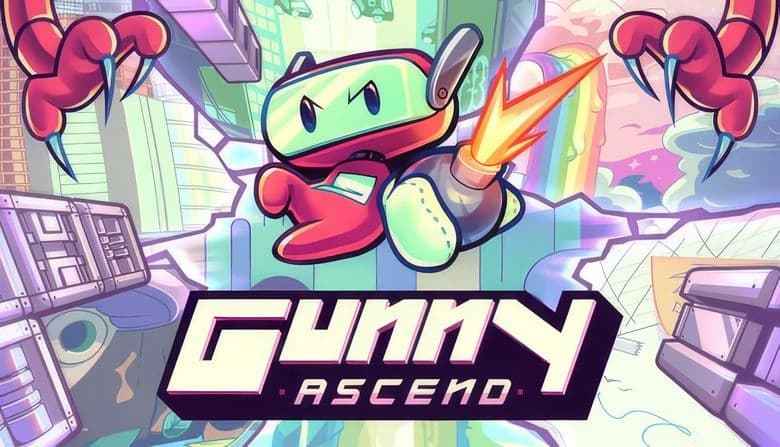 Gunny Ascend: Robot with a jetpack navigates futuristic cityscape, avoiding large red claws and neon-lit structures.