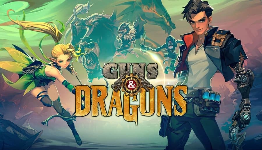 Guns and Dragons: Young woman with goggles aims crossbow beside young man, dragon silhouette and clouds behind.