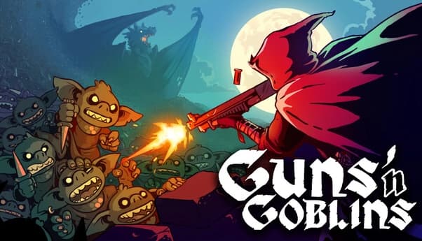 Guns 'n Goblins: Red-caped gunman firing rifle at snarling goblins and monsters under a full moon at night.
