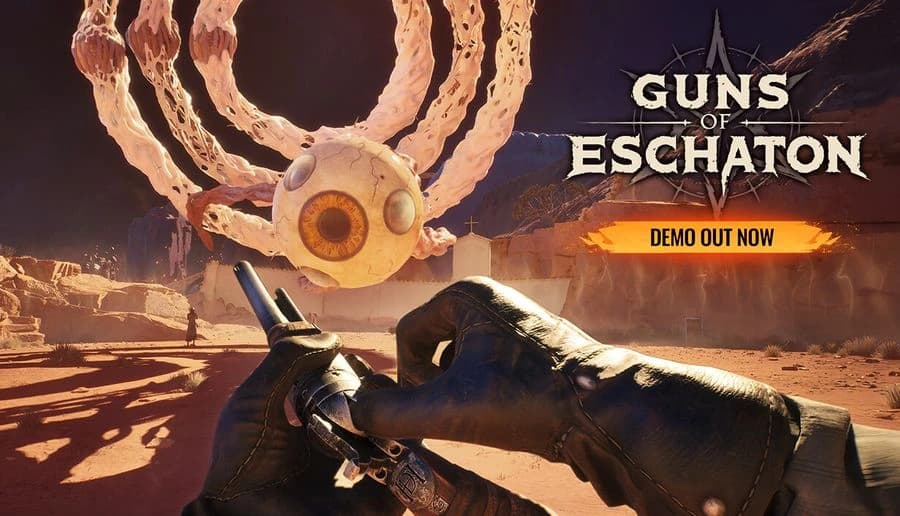 Guns of Eschaton: Gloved hands aim a pistol at a floating eyeball monster over a sandy desert with ruins and cliffs.