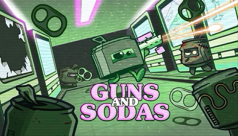 Guns&Sodas: Cartoon soda cans with faces and limbs battle in a neon-lit arcade, dodging bullets and flying can lids.