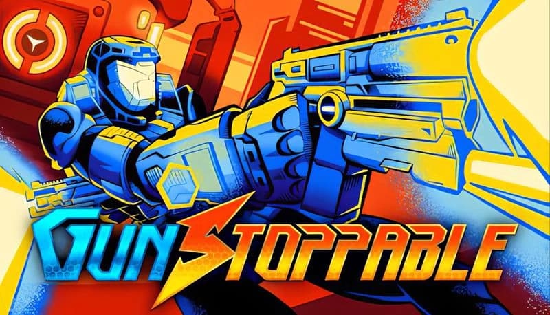 Gunstoppable: Armored soldier firing dual guns in vibrant, futuristic setting with bold colors and dynamic action lines.
