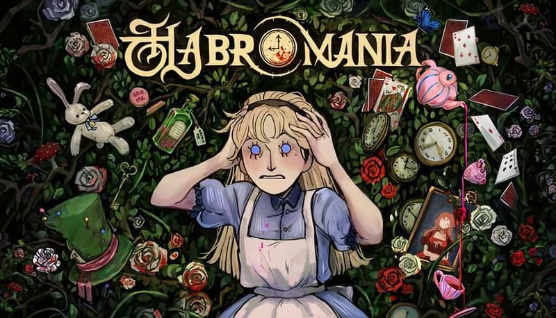 HABROMANIA Demo: Young girl in blue dress holds her head, surrounded by clocks and cards in a tangled forest setting.