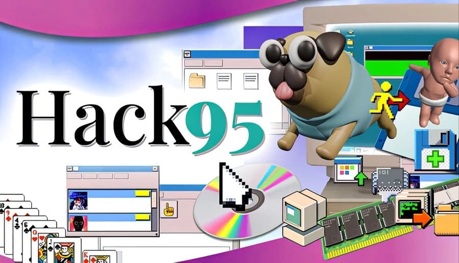 Hack '95: cartoon pug with tongue out beside stacked floppy disks and scattered computer cards on white backdrop.