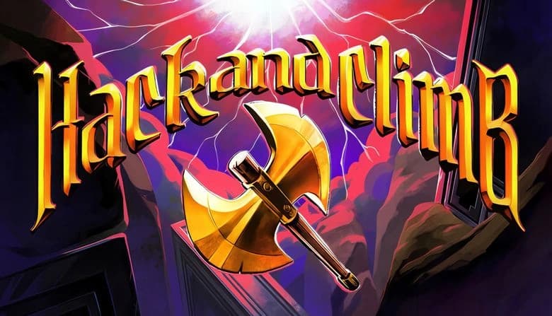 A golden axe with a shiny blade is set against a dramatic mountain landscape, illuminated by red hues and lightning.