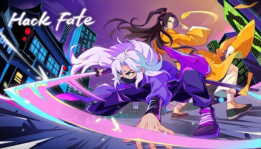 Hack Fate: White-haired masked man slashes with neon blade as woman in orange leaps in cyberpunk street at night.
