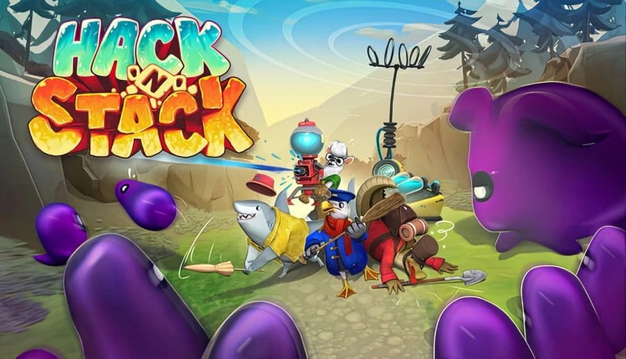 Hack 'n' Stack: Four cartoon heroes aim weapons at purple blob monsters in a sandy canyon with debris and turrets.