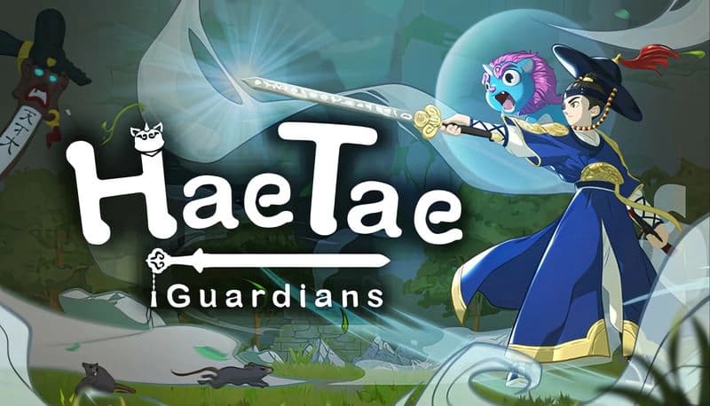 HaeTae: Young woman in blue and gold attire wields sword, accompanied by floating creature in grassy field with ominous statue.