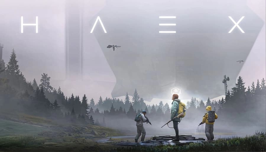 HAEX: Three bundled hikers with backpacks and rifles explore foggy forest clearing with puddles and distant hills.