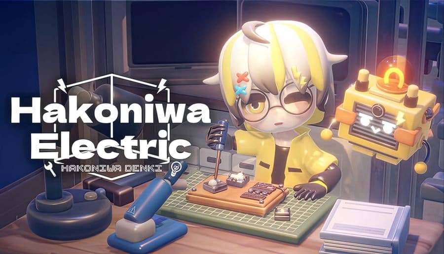 Hakoniwa Electric: young woman in yellow jacket adjusts radio knobs beside a glowing device in cluttered workshop room.