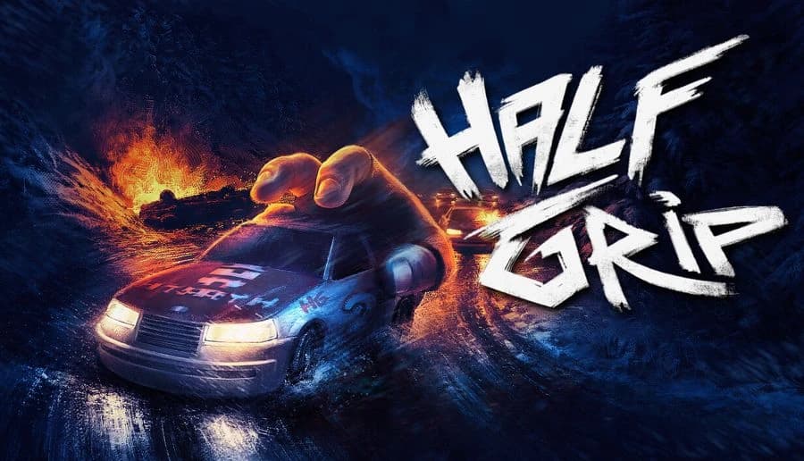 Half Grip: hand grips a racing car on wet road, flames and sparks behind it in dark blue night scene.