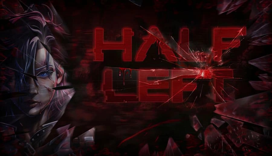Half Left: Red glowing title letters cracked by shattered glass shards against a dark smoky background, centered.