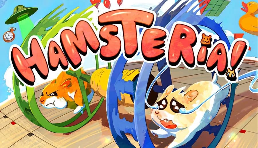 Hamsteria: two hamsters running in attached clear wheels, splashing through water on a colorful obstacle course background.