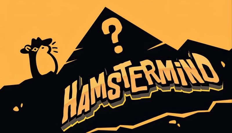 HAMSTERMIND: Silhouette of a curious hamster on black pyramid, orange sky, large question mark symbol above game title in bold.