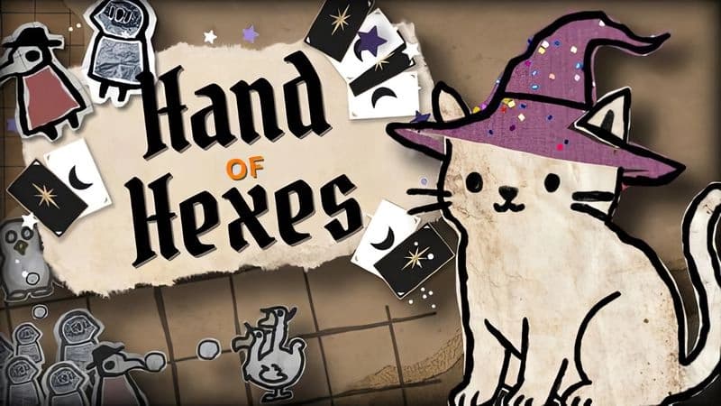 Hand of Hexes: Cat in purple wizard hat sits among scattered cards and doodles of creatures on parchment-like backdrop.