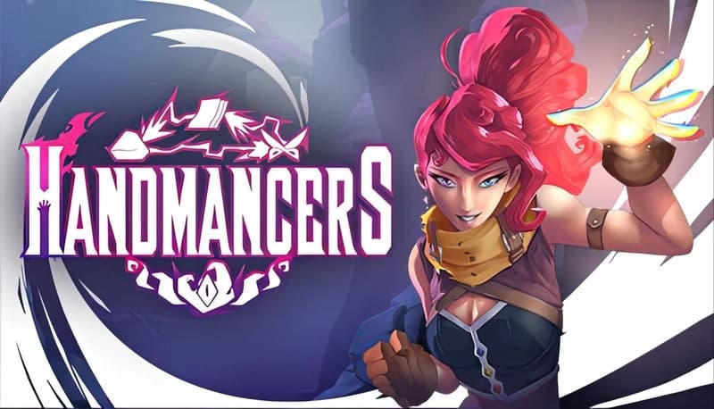 Handmancers: Young woman with glowing hand readies for battle, vibrant pink hair, set against swirling dark backdrop.