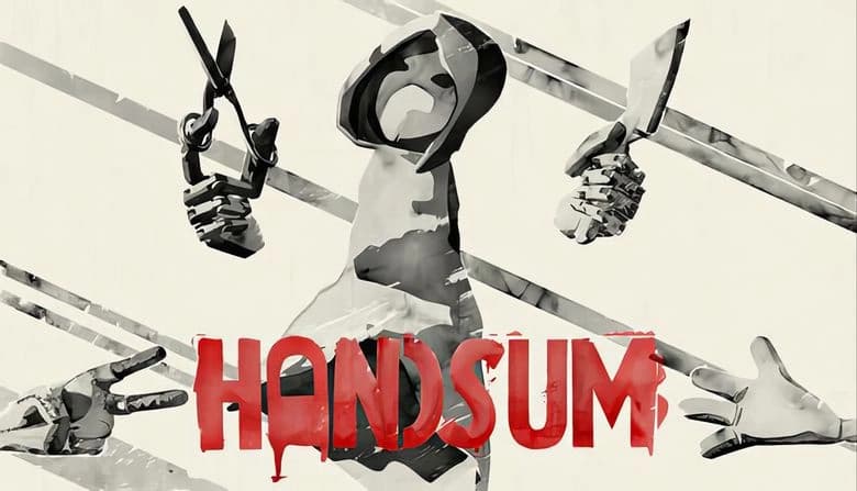 Handsum: Hooded figure with scissors and cleaver, two hands below with fingers extended, in a watercolor style setting.