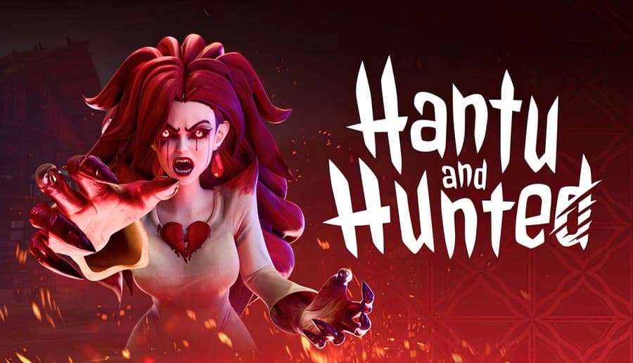 Hantu and Hunted: red-haired ghost woman lunging with clawed hands, glowing eyes, red smoky backdrop with embers.
