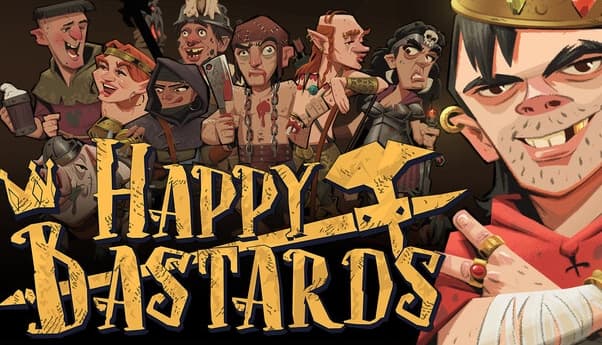 Happy Bastards: Seven diverse medieval characters, including a crowned man, stand together with varying expressions and attire.