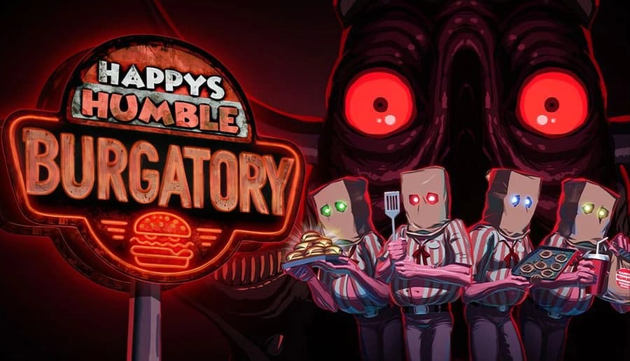 Happy’s Humble BURGATORY: four masked fast-food workers holding burgers and pans under a neon sign, red-eyed face behind them.