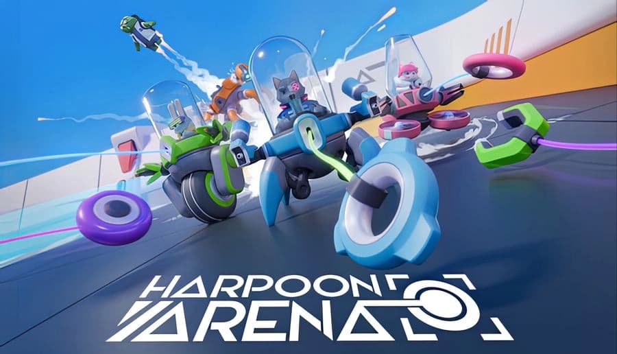 Harpoon Arena: Four armored fighters with harpoon guns leap and slide across a neon sci-fi platform above clouds.