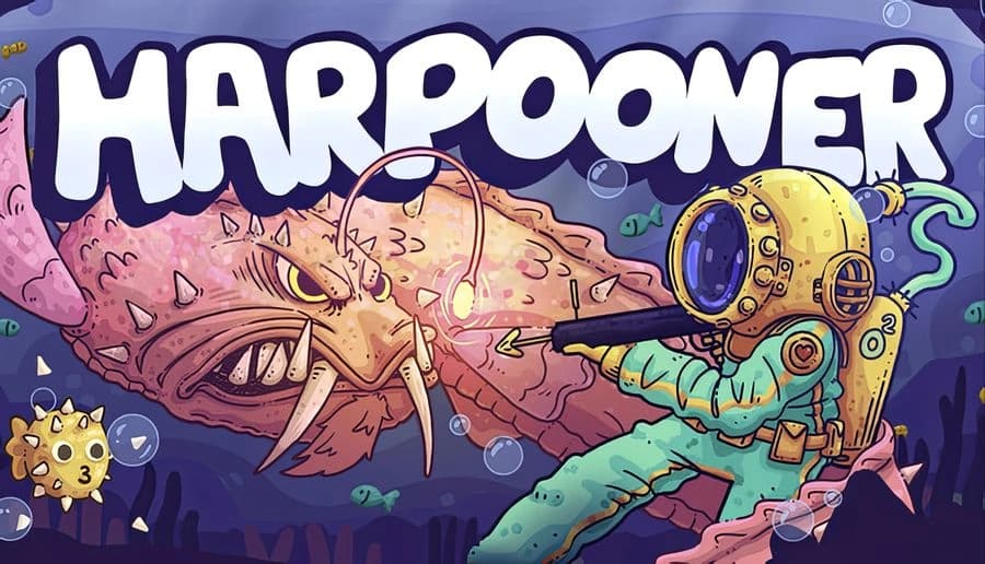 Harpooner: diver in yellow helmet aims harpoon at huge spiked alien fish underwater amid bubbles and rocks.