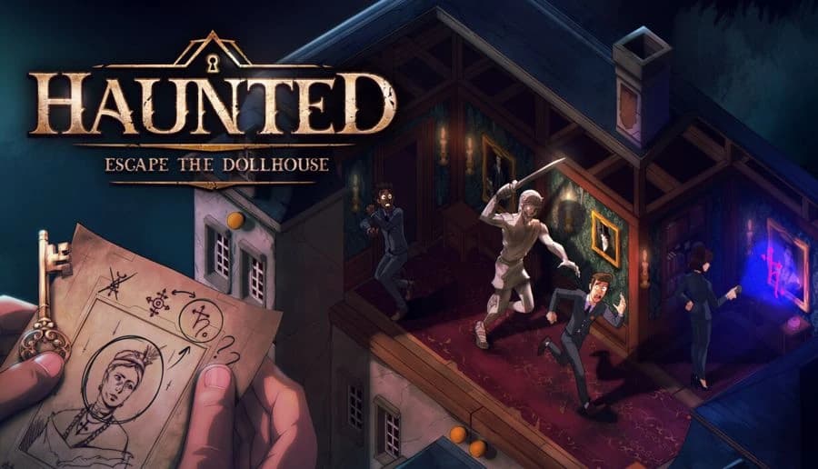 HAUNTED: Four adults explore a dim dollhouse hallway as a pale, floating woman lunges near glowing symbols and doors.
