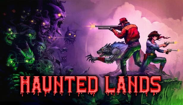 A man with a shotgun, a woman with dual revolvers, and a werewolf face glowing-eyed creatures in darkness.