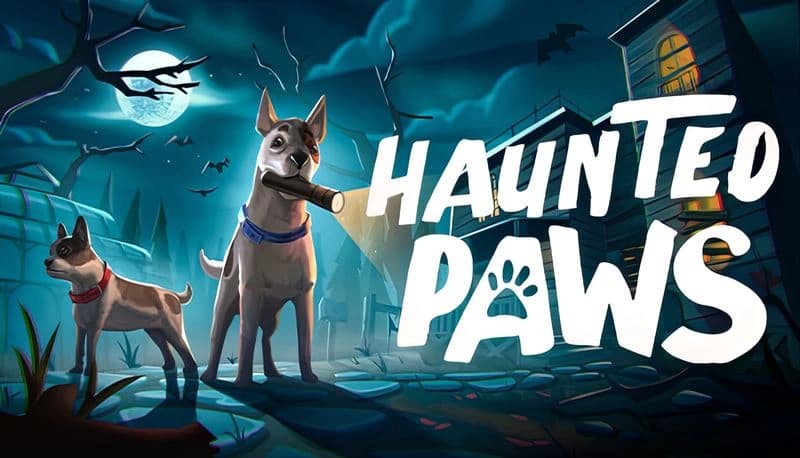 Haunted Paws: Two dogs with flashlights explore dark, eerie graveyard under full moon and flying bats near a haunted house.