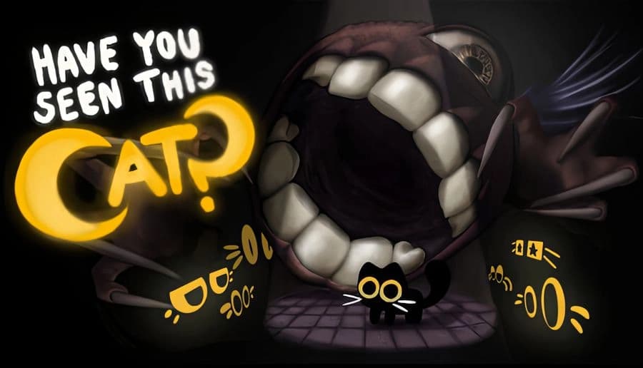 Have You Seen This Cat?: Cartoon cat with wide eyes stands before a gaping monster mouth in a dark, intense setting.
