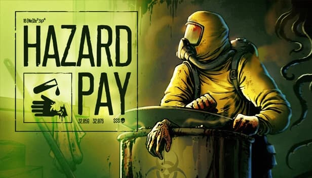 A person in a hazmat suit leans on a metal drum with a bloodied hand protruding, set in a dim, green-lit lab with vines.