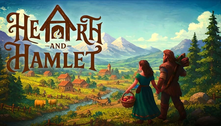 Hearth and Hamlet: Woman with basket and bearded man with axe overlook a green valley and distant mountains at sunset.