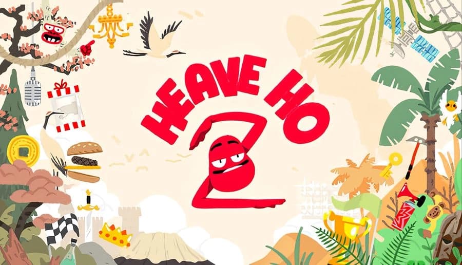 Heave Ho 2: Red cartoon blob with long arms grins center amid jungle plants, animals, trophies, and broken props.