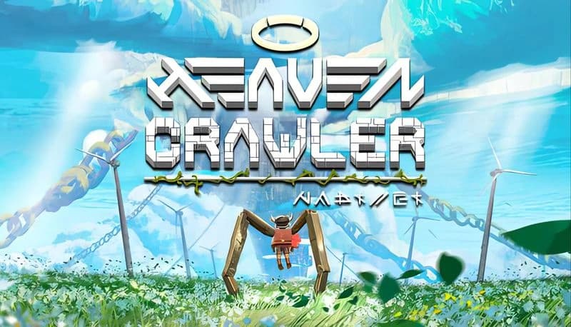 Heaven Crawler: Young girl on mechanical spider walking in vibrant wildflower field under a bright blue sky with floating islands.