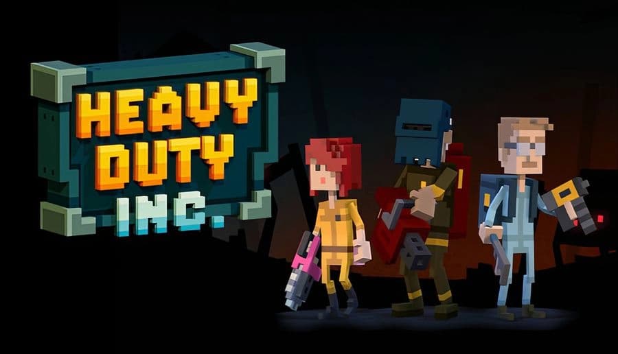 Heavy Duty Inc.: Three blocky space mechanics holding tools and weapons inside a dim industrial corridor with debris.