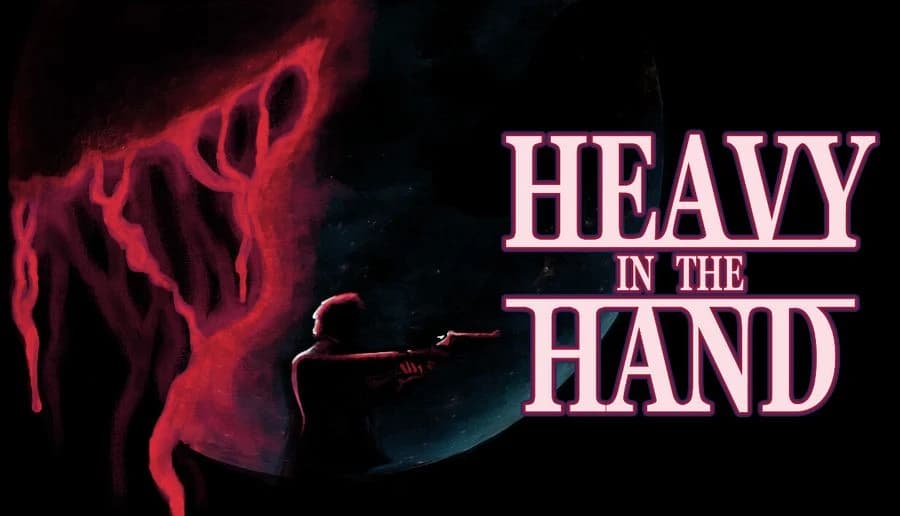 Heavy in the Hand: silhouetted man aims a handgun at a towering red demon shape against a dark sky and planet.