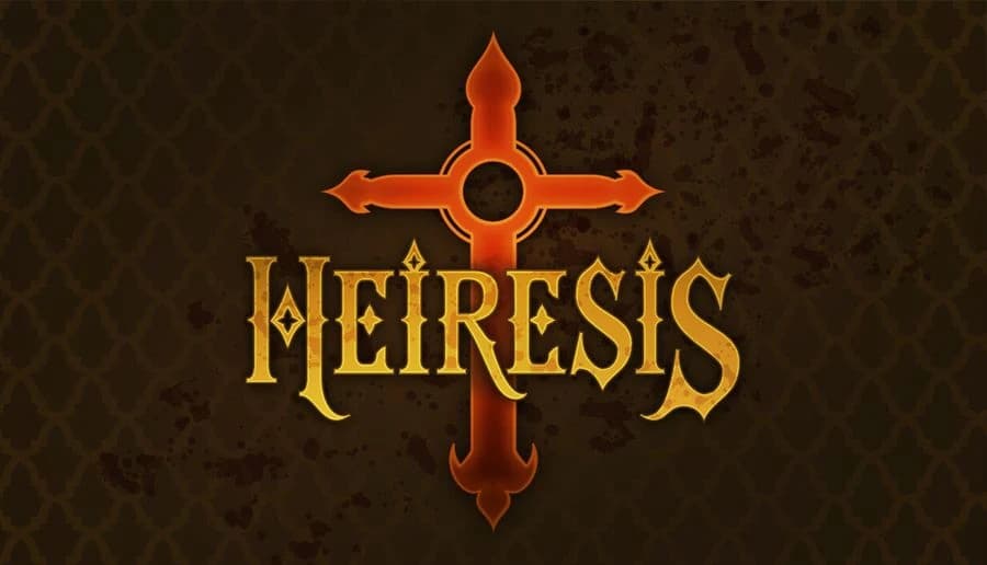 HEIRESIS: Orange cross-shaped emblem above stylized title on a dark brown mottled background with faint stains.