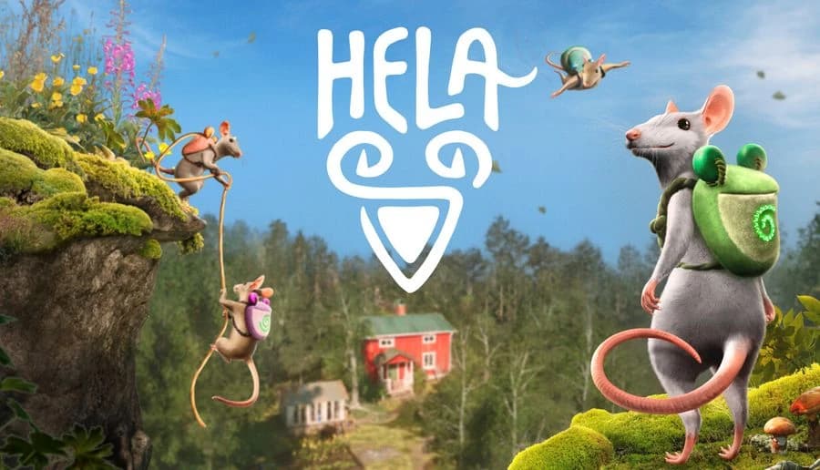 Hela: Mouse with green backpack stands on cliff while another mouse climbs rope above forest and red cabin below.