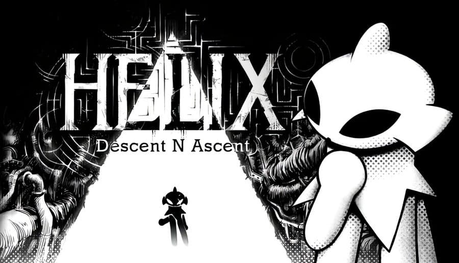 Helix: Small silhouetted figure walking toward a glowing doorway between rocky cliffs, watched by white masked statue.