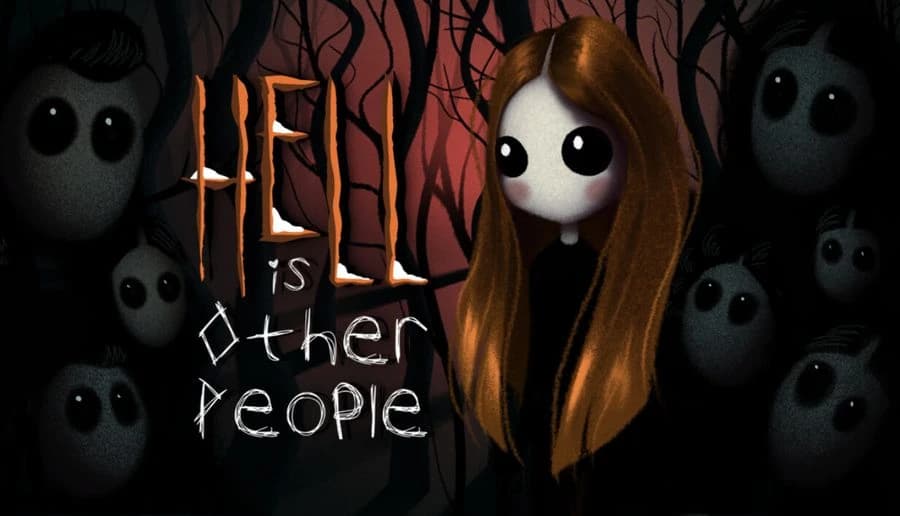 Hell Is Other People: pale young woman with huge black eyes stands among shadowy figures in a dark forest.