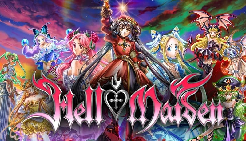 Hell Maiden: Young girl in red attire raises sword, surrounded by colorful, mystical allies under a vibrant, chaotic sky.