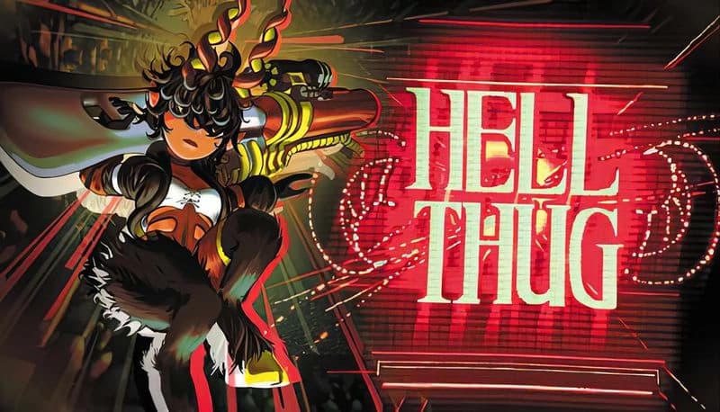 HELL THUG Demo: Young female demon with goat hooves wields large gun lance, free-falling through fiery, chaotic setting.