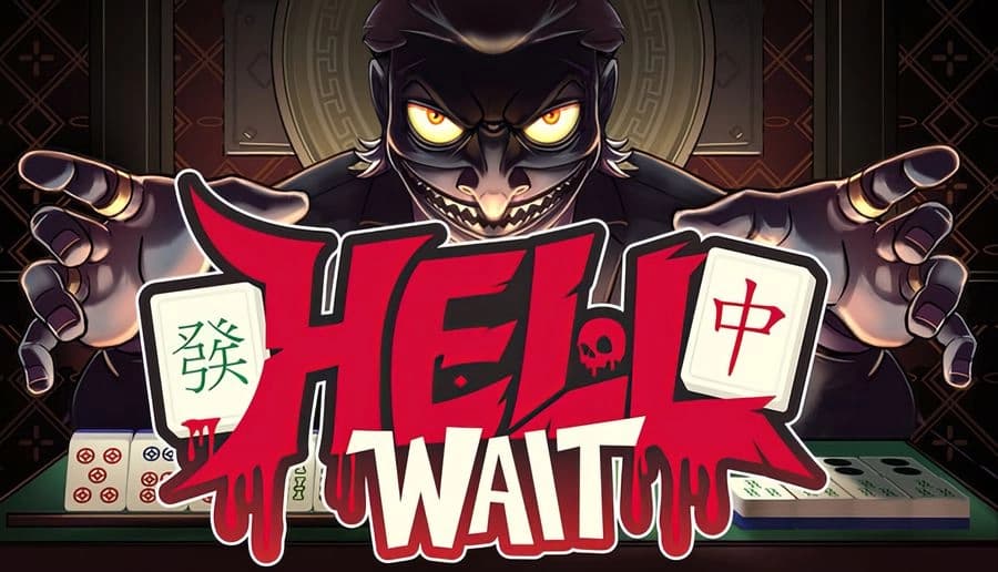 Hell Wait: snarling demon grips red title letters above mahjong tiles and a green table with scattered hands.